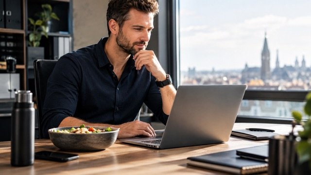 Unternehmer am Schreibtisch mit Laptop und einer Schale Salat, Blick über die Stadt