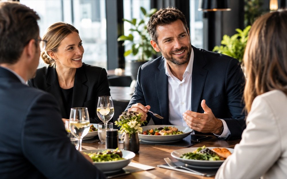 Vier Menschen in Businesskleidung beim Mittagessen am Restauranttisch, auf dem Tisch Teller mit Salat und Fisch sowie Weingläser