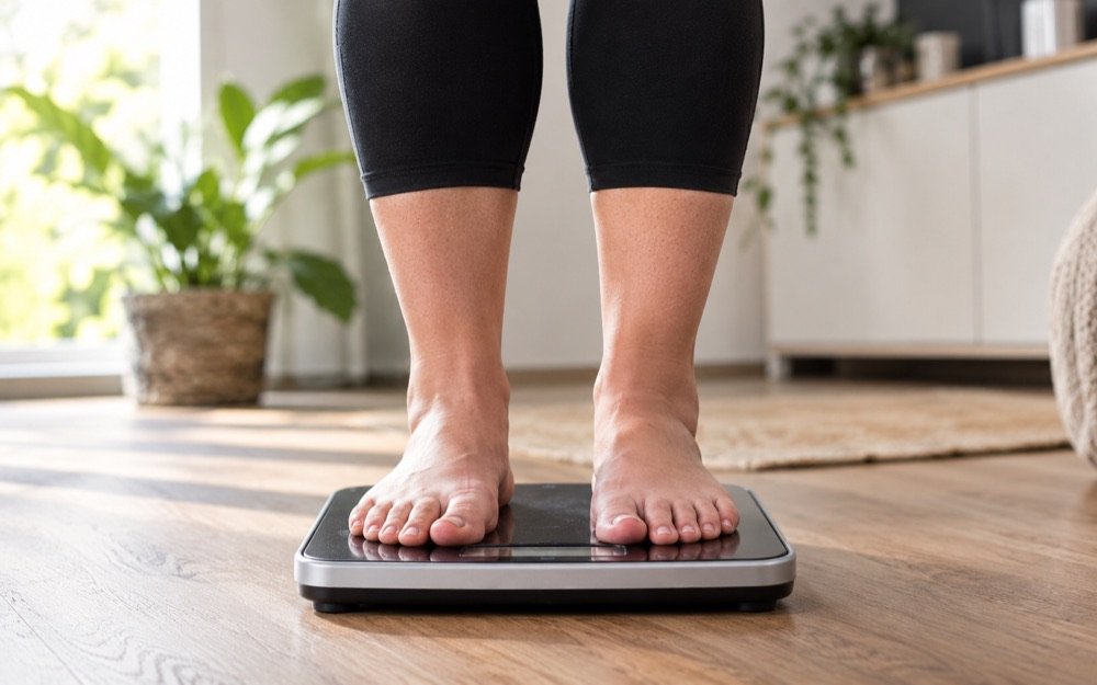 Nackte Füße auf einer digitalen Personenwaage in einem hellen Wohnraum