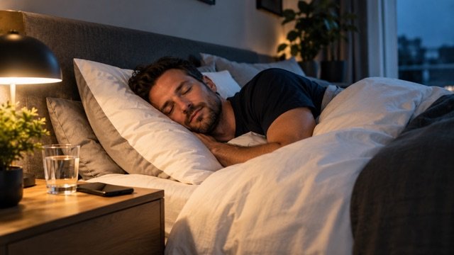 Schlafender Mann im abgedunkelten Schlafzimmer, Smartphone auf dem Nachttisch