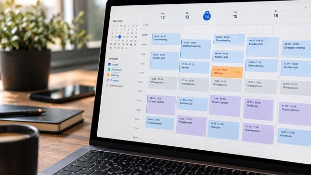 Laptop mit einem Kalender, dessen Woche durchgehend mit Terminen belegt ist