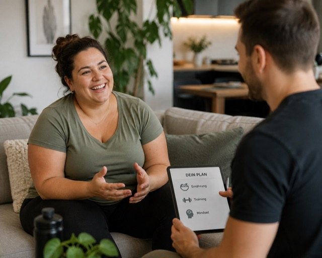 Coach im Gespräch mit einer Klientin, auf dem Tablet ein Plan mit den Punkten Ernährung, Training und Mindset